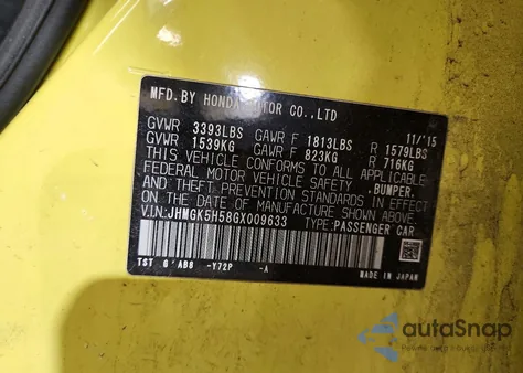 2016 Honda Fit Lx z USA, uszkodzony, nr VIN JHMGK5H58GX009633